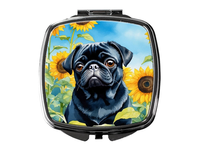 Pug in Sunflowers Compact Mirror Decorative Travel Makeup Mirror for Women Girls Gifts Pocket Makeup Mirror Folding Handheld