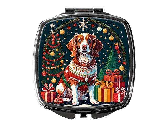 Brittany Spaniel Christmas Compact Mirror Decorative Travel Makeup Mirror for Women Girls Gifts Pocket Makeup Mirror Folding Handheld