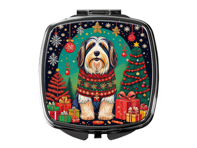 Bearded Collie Christmas Compact Mirror Decorative Travel Makeup Mirror for Women Girls Gifts Pocket Makeup Mirror Folding Handheld