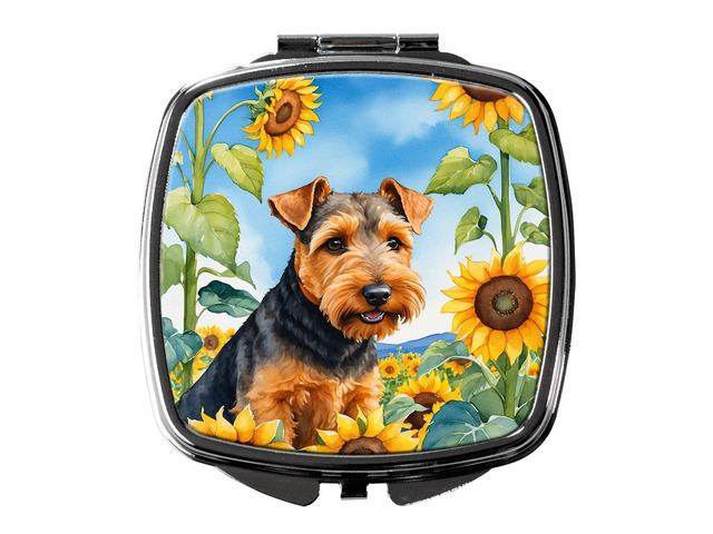 Welsh Terrier in Sunflowers Compact Mirror Decorative Travel Makeup Mirror for Women Girls Gifts Pocket Makeup Mirror Folding Handheld