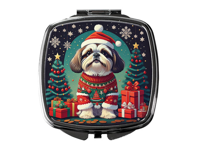 Shih Tzu Christmas Compact Mirror Decorative Travel Makeup Mirror for Women Girls Gifts Pocket Makeup Mirror Folding Handheld