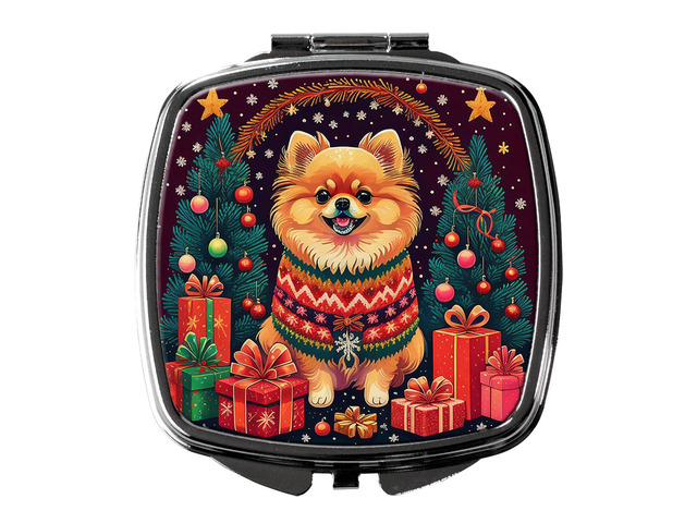 Pomeranian Christmas Compact Mirror Decorative Travel Makeup Mirror for Women Girls Gifts Pocket Makeup Mirror Folding Handheld