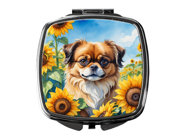 Tibetan Spaniel in Sunflowers Compact Mirror Decorative Travel Makeup Mirror for Women Girls Gifts Pocket Makeup Mirror Folding Handheld