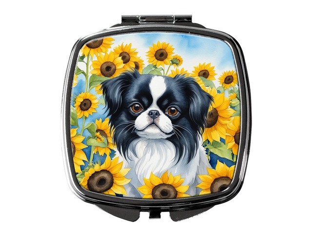 Japanese Chin in Sunflowers Compact Mirror Decorative Travel Makeup Mirror for Women Girls Gifts Pocket Makeup Mirror Folding Handheld