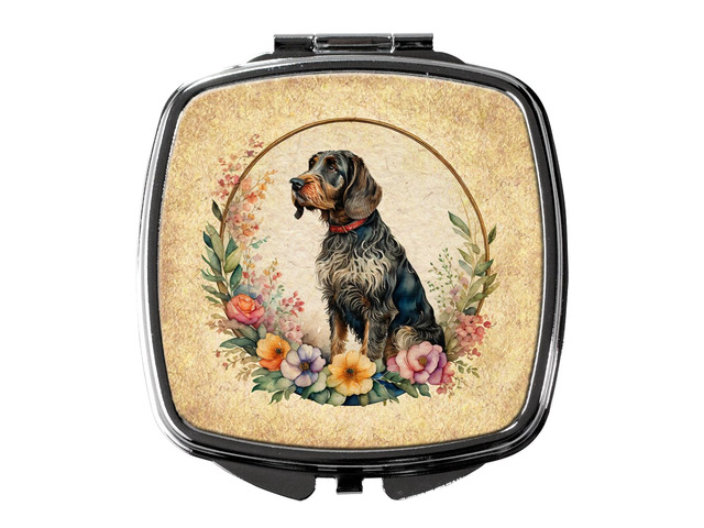 German Wirehaired Pointer and Flowers Compact Mirror Decorative Travel Makeup Mirror for Women Girls Gifts Pocket Makeup Mirror Folding Handheld