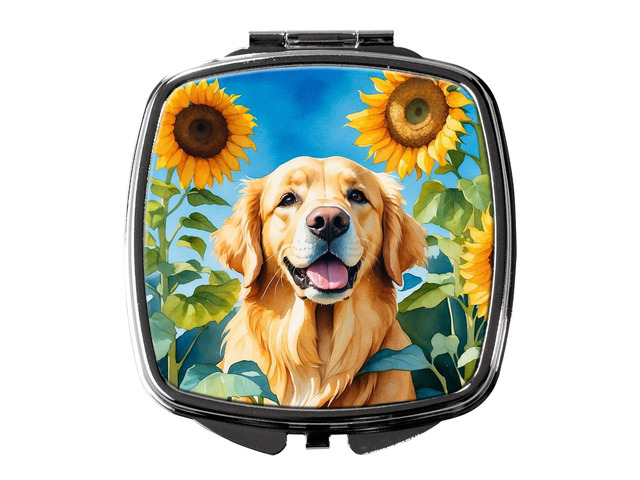 Golden Retriever in Sunflowers Compact Mirror Decorative Travel Makeup Mirror for Women Girls Gifts Pocket Makeup Mirror Folding Handheld