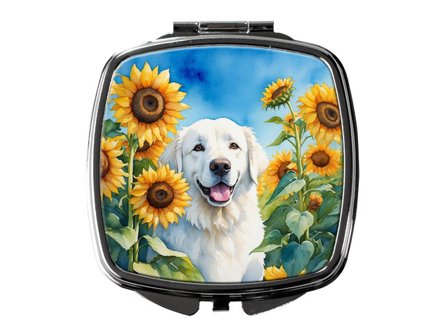 Kuvasz in Sunflowers Compact Mirror Decorative Travel Makeup Mirror for Women Girls Gifts Pocket Makeup Mirror Folding Handheld