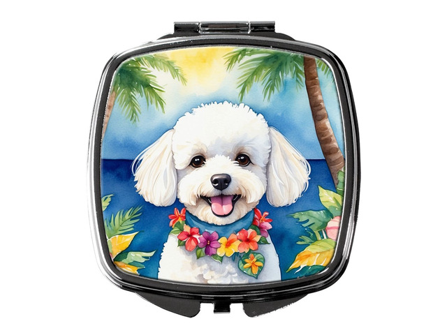 Bichon Frise Luau Compact Mirror Decorative Travel Makeup Mirror for Women Girls Gifts Pocket Makeup Mirror Folding Handheld