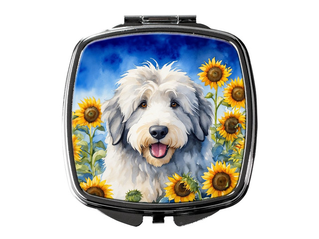 Old English Sheepdog in Sunflowers Compact Mirror Decorative Travel Makeup Mirror for Women Girls Gifts Pocket Makeup Mirror Folding Handheld