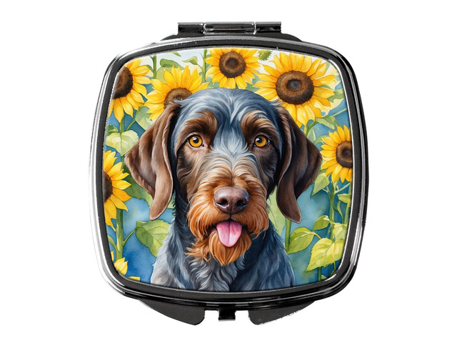 German Wirehaired Pointer in Sunflowers Compact Mirror Decorative Travel Makeup Mirror for Women Girls Gifts Pocket Makeup Mirror Folding Handheld