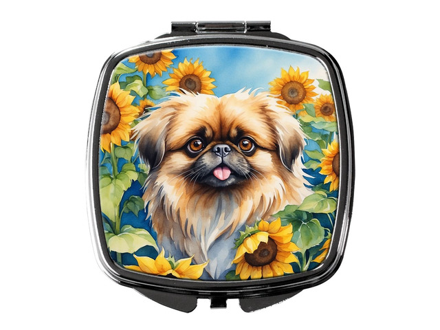 Pekingese in Sunflowers Compact Mirror Decorative Travel Makeup Mirror for Women Girls Gifts Pocket Makeup Mirror Folding Handheld