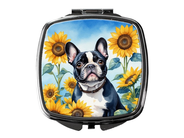 French Bulldog in Sunflowers Compact Mirror Decorative Travel Makeup Mirror for Women Girls Gifts Pocket Makeup Mirror Folding Handheld