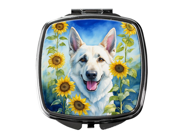 White German Shepherd in Sunflowers Compact Mirror Decorative Travel Makeup Mirror for Women Girls Gifts Pocket Makeup Mirror Folding Handheld