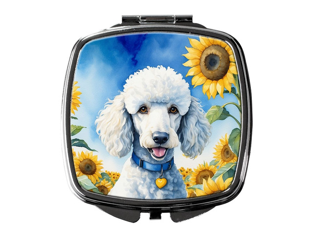 White Poodle in Sunflowers Compact Mirror Decorative Travel Makeup Mirror for Women Girls Gifts Pocket Makeup Mirror Folding Handheld
