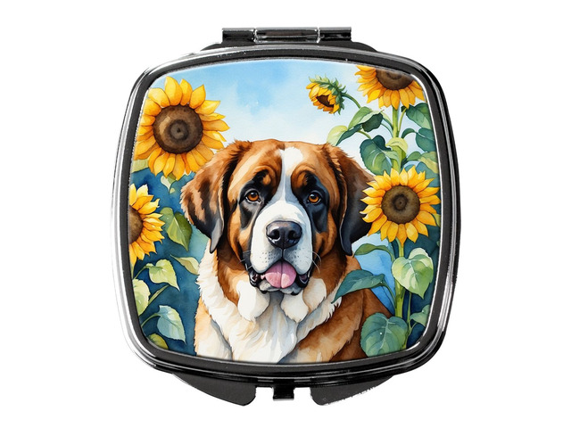 Saint Bernard in Sunflowers Compact Mirror Decorative Travel Makeup Mirror for Women Girls Gifts Pocket Makeup Mirror Folding Handheld
