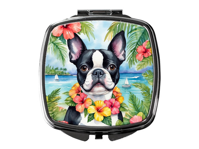 Boston Terrier Luau Compact Mirror Decorative Travel Makeup Mirror for Women Girls Gifts Pocket Makeup Mirror Folding Handheld