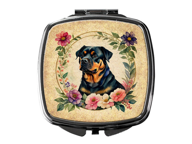 Rottweiler and Flowers Compact Mirror Decorative Travel Makeup Mirror for Women Girls Gifts Pocket Makeup Mirror Folding Handheld