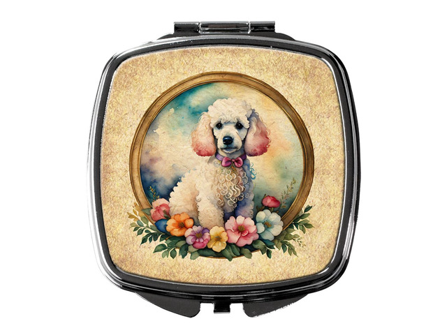 White Poodle and Flowers Compact Mirror Decorative Travel Makeup Mirror for Women Girls Gifts Pocket Makeup Mirror Folding Handheld