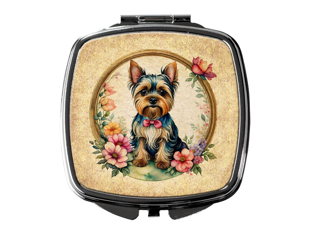 Yorkshire Terrier and Flowers Compact Mirror Decorative Travel Makeup Mirror for Women Girls Gifts Pocket Makeup Mirror Folding Handheld