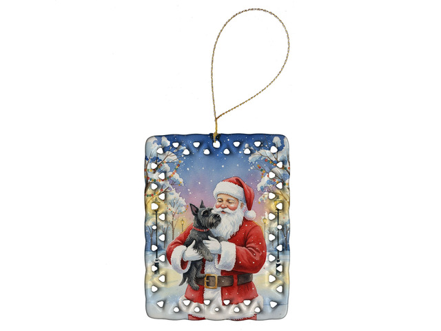 Scottish Terrier with Santa Claus Porcelain Ornament Christmas Tree Hanging Decorations for Home Christmas Holiday, Rectangle, Gift, Multicolor