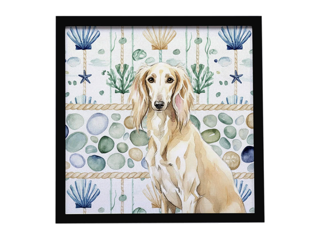 Cream Saluki Coastal Sea Glass Framed Metal Print Bathroom, Kitchen, Office, Home Decor Wall Art Ready to Hang, Square, 8X8