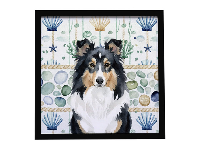 Tricolor Sheltie Coastal Sea Glass Framed Metal Print Bathroom, Kitchen, Office, Home Decor Wall Art Ready to Hang, Square, 8X8