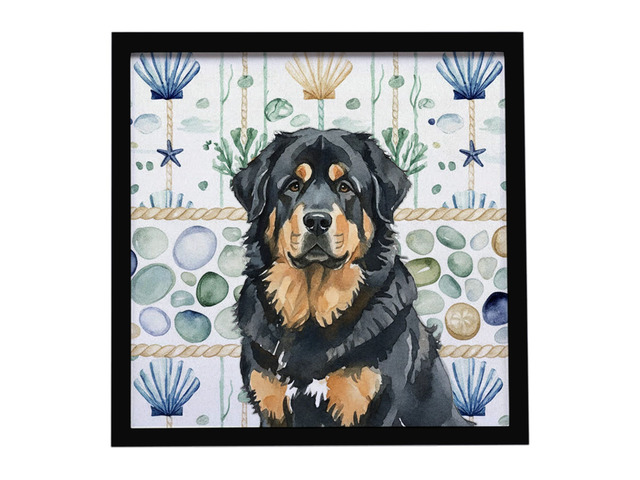 Black and Tan Tibetan Mastiff Coastal Sea Glass Framed Metal Print Bathroom, Kitchen, Office, Home Decor Wall Art Ready to Hang, Square, 8X8