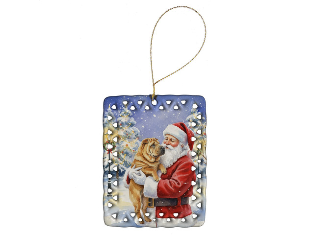 Shar Pei with Santa Claus Porcelain Ornament Christmas Tree Hanging Decorations for Home Christmas Holiday, Rectangle, Gift, Multicolor
