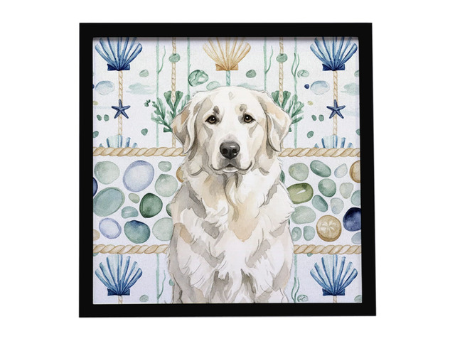 White Great Pyrenees Coastal Sea Glass Framed Metal Print Bathroom, Kitchen, Office, Home Decor Wall Art Ready to Hang, Square, 8X8