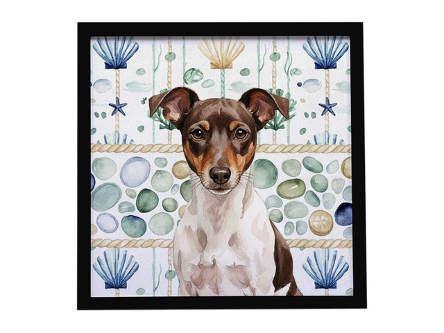 Chocolate and White Rat Terrier Coastal Sea Glass Framed Metal Print Bathroom, Kitchen, Office, Home Decor Wall Art Ready to Hang, Square, 8X8