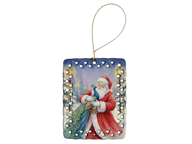 Peacock with Santa Claus Porcelain Ornament Christmas Tree Hanging Decorations for Home Christmas Holiday, Rectangle, Gift, Multicolor