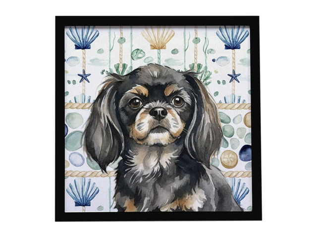 Black and Tan Tibetan Spaniel Coastal Sea Glass Framed Metal Print Bathroom, Kitchen, Office, Home Decor Wall Art Ready to Hang, Square, 8X8