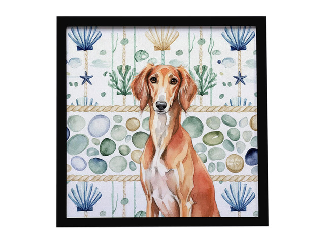 Red Saluki Coastal Sea Glass Framed Metal Print Bathroom, Kitchen, Office, Home Decor Wall Art Ready to Hang, Square, 8X8