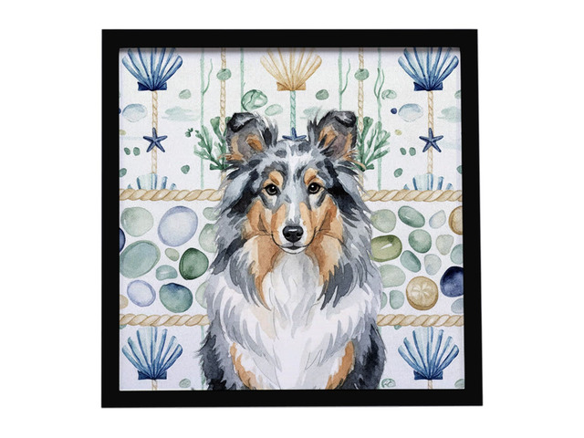Blue Merle Sheltie Coastal Sea Glass Framed Metal Print Bathroom, Kitchen, Office, Home Decor Wall Art Ready to Hang, Square, 8X8