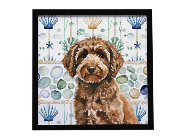 Spanish Water Dog Coastal Sea Glass Framed Metal Print Bathroom, Kitchen, Office, Home Decor Wall Art Ready to Hang, Square, 8X8