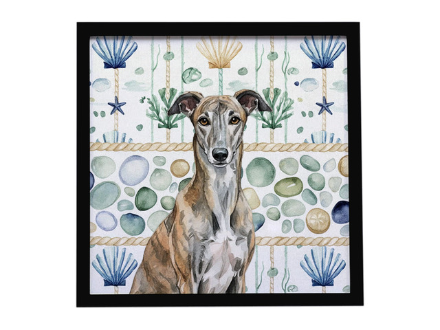 Brindle Greyhound Coastal Sea Glass Framed Metal Print Bathroom, Kitchen, Office, Home Decor Wall Art Ready to Hang, Square, 8X8