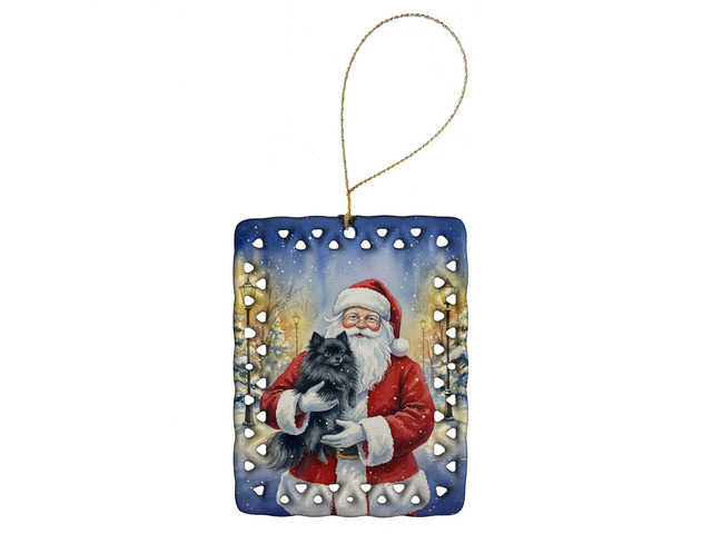 Black Pomeranian with Santa Claus Porcelain Ornament Christmas Tree Hanging Decorations for Home Christmas Holiday, Rectangle, Gift, Multicolor