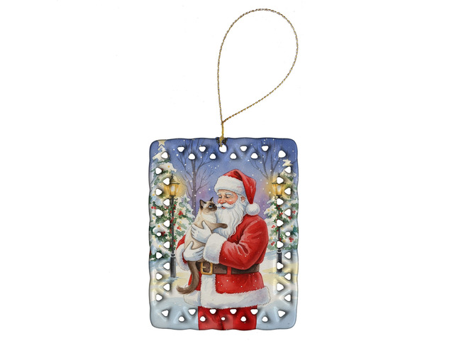 Balinese Cat with Santa Claus Porcelain Ornament Christmas Tree Hanging Decorations for Home Christmas Holiday, Rectangle, Gift, Multicolor