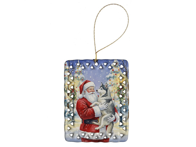 Siberian Husky with Santa Claus Porcelain Ornament Christmas Tree Hanging Decorations for Home Christmas Holiday, Rectangle, Gift, Multicolor