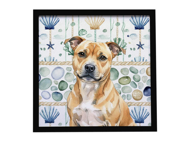 Fawn Staffordshire Bull Terrier Coastal Sea Glass Framed Metal Print Bathroom, Kitchen, Office, Home Decor Wall Art Ready to Hang, Square, 8X8