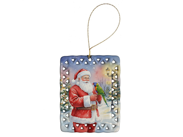 Lorikeet with Santa Claus Porcelain Ornament Christmas Tree Hanging Decorations for Home Christmas Holiday, Rectangle, Gift, Multicolor
