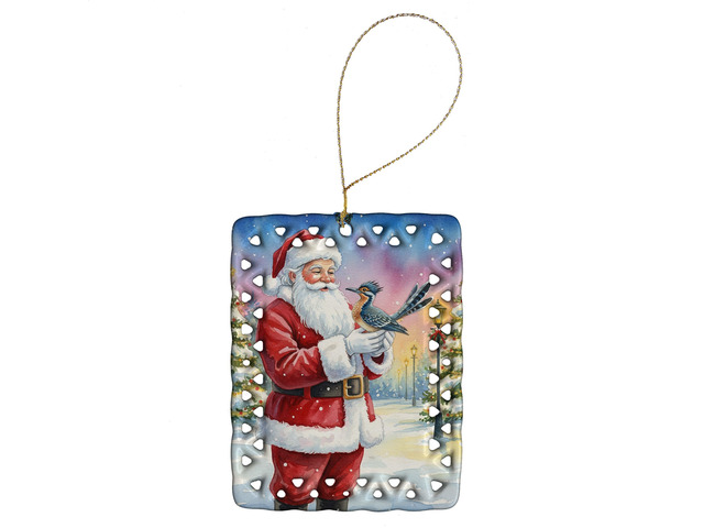 Roadrunner with Santa Claus Porcelain Ornament Christmas Tree Hanging Decorations for Home Christmas Holiday, Rectangle, Gift, Multicolor
