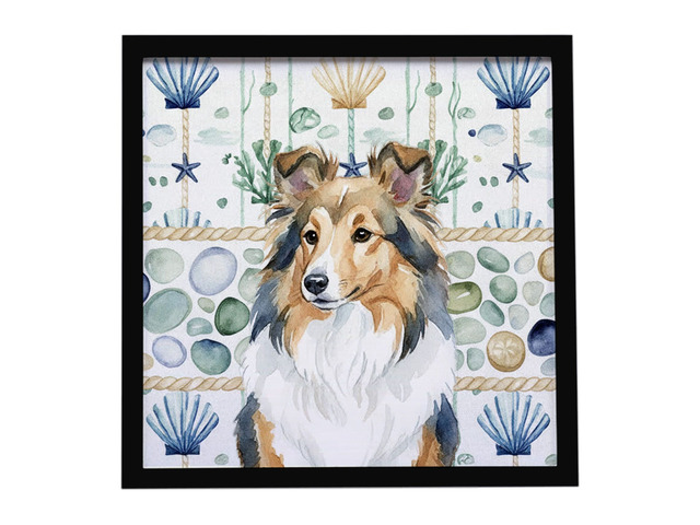 Sable Sheltie Coastal Sea Glass Framed Metal Print Bathroom, Kitchen, Office, Home Decor Wall Art Ready to Hang, Square, 8X8