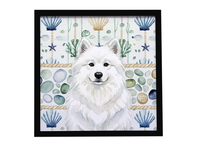 White Samoyed Coastal Sea Glass Framed Metal Print Bathroom, Kitchen, Office, Home Decor Wall Art Ready to Hang, Square, 8X8