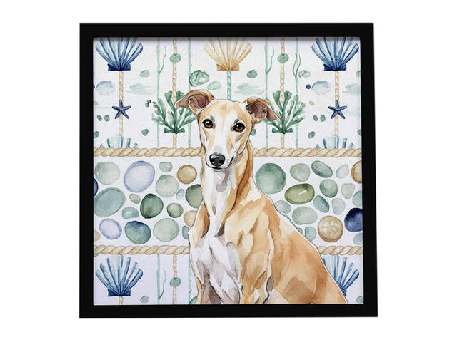 Fawn Greyhound Coastal Sea Glass Framed Metal Print Bathroom, Kitchen, Office, Home Decor Wall Art Ready to Hang, Square, 8X8