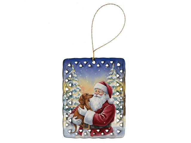 Dachshund with Santa Claus Porcelain Ornament Christmas Tree Hanging Decorations for Home Christmas Holiday, Rectangle, Gift, Multicolor