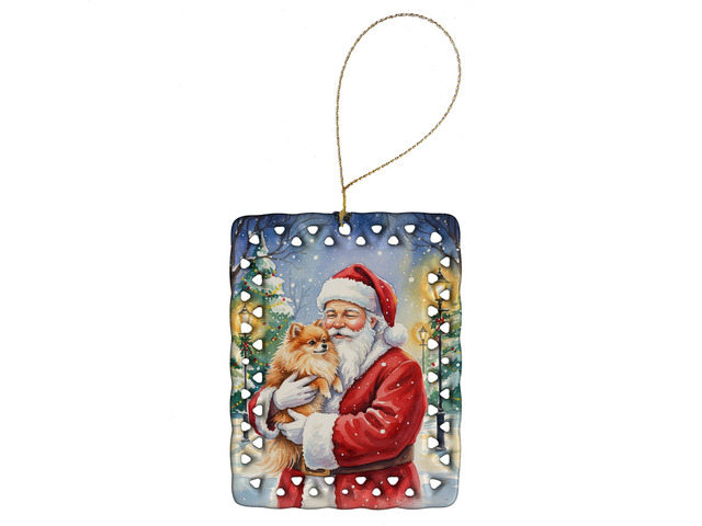 Pomeranian with Santa Claus Porcelain Ornament Christmas Tree Hanging Decorations for Home Christmas Holiday, Rectangle, Gift, Multicolor