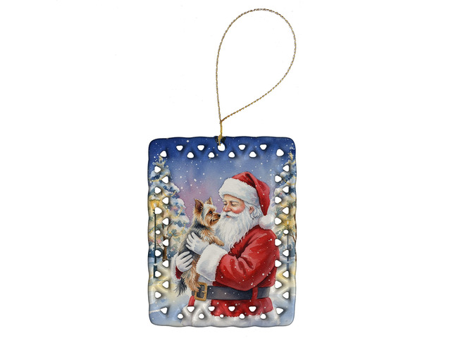 Yorkie with Santa Claus Porcelain Ornament Christmas Tree Hanging Decorations for Home Christmas Holiday, Rectangle, Gift, Multicolor