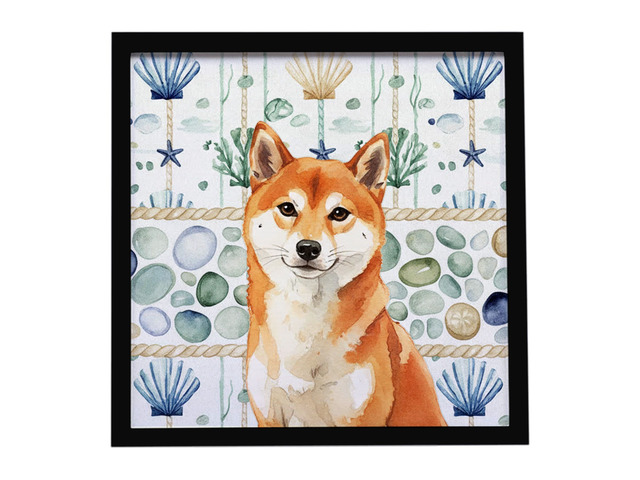Red Shiba Inu Coastal Sea Glass Framed Metal Print Bathroom, Kitchen, Office, Home Decor Wall Art Ready to Hang, Square, 8X8