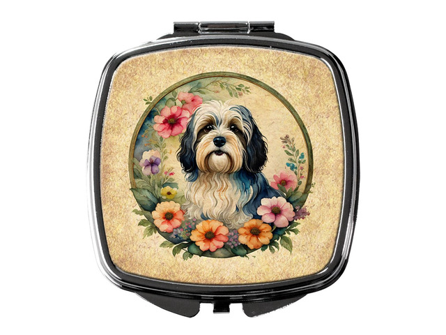 Havanese and Flowers Compact Mirror Decorative Travel Makeup Mirror for Women Girls Gifts Pocket Makeup Mirror Folding Handheld